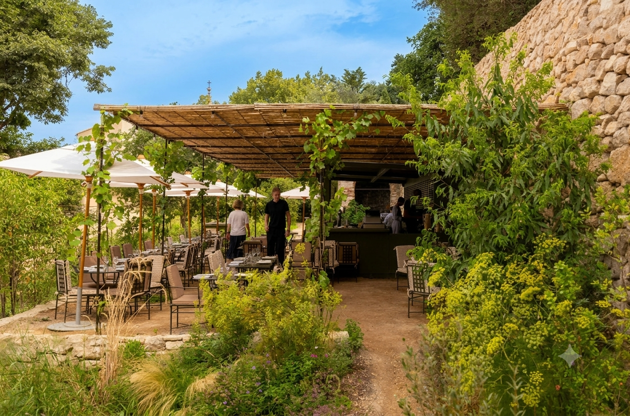 Terrasse ombragée de vigne de La Guinguette du Couvent, avec jardin et mur en pierre