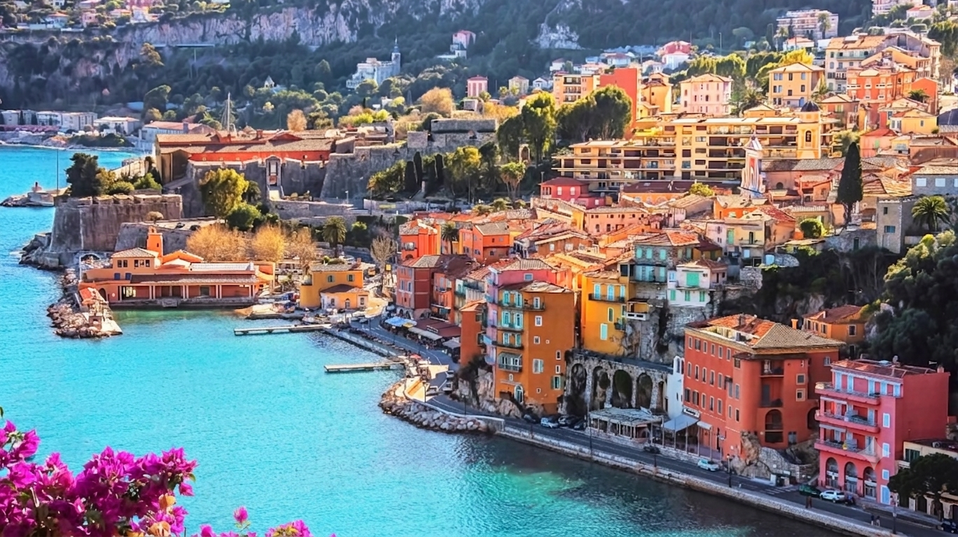 Das bunte Hafendorf Villefranche-sur-Mer über türkisfarbenem Wasser bei Nizza